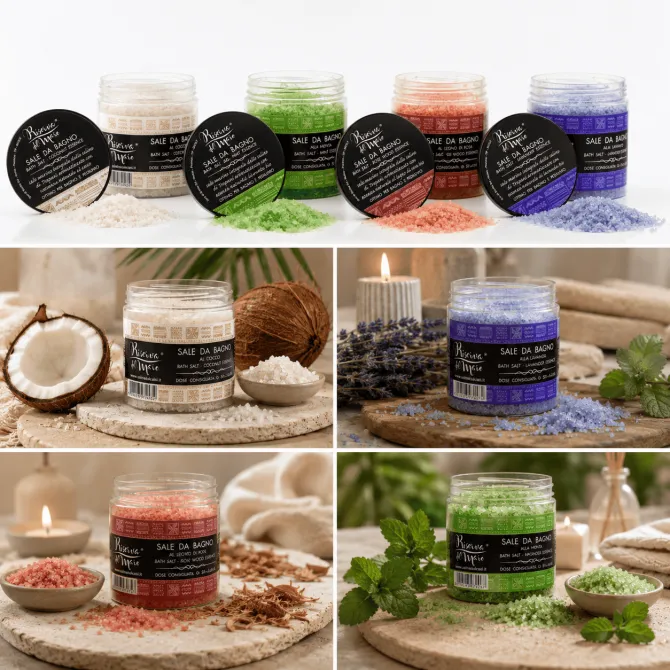 Kit Sali da Bagno Naturali | Lavanda, Menta, Cocco e Legno di Rosa | Saline Culcasi